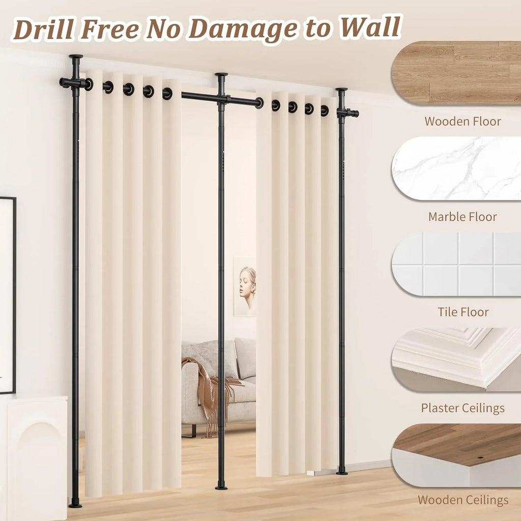 Room Divider, Height and Width Adjustable No Drilling Curtain Rod, Heavy Duty Metal Tension Wall Divider for Room Separation