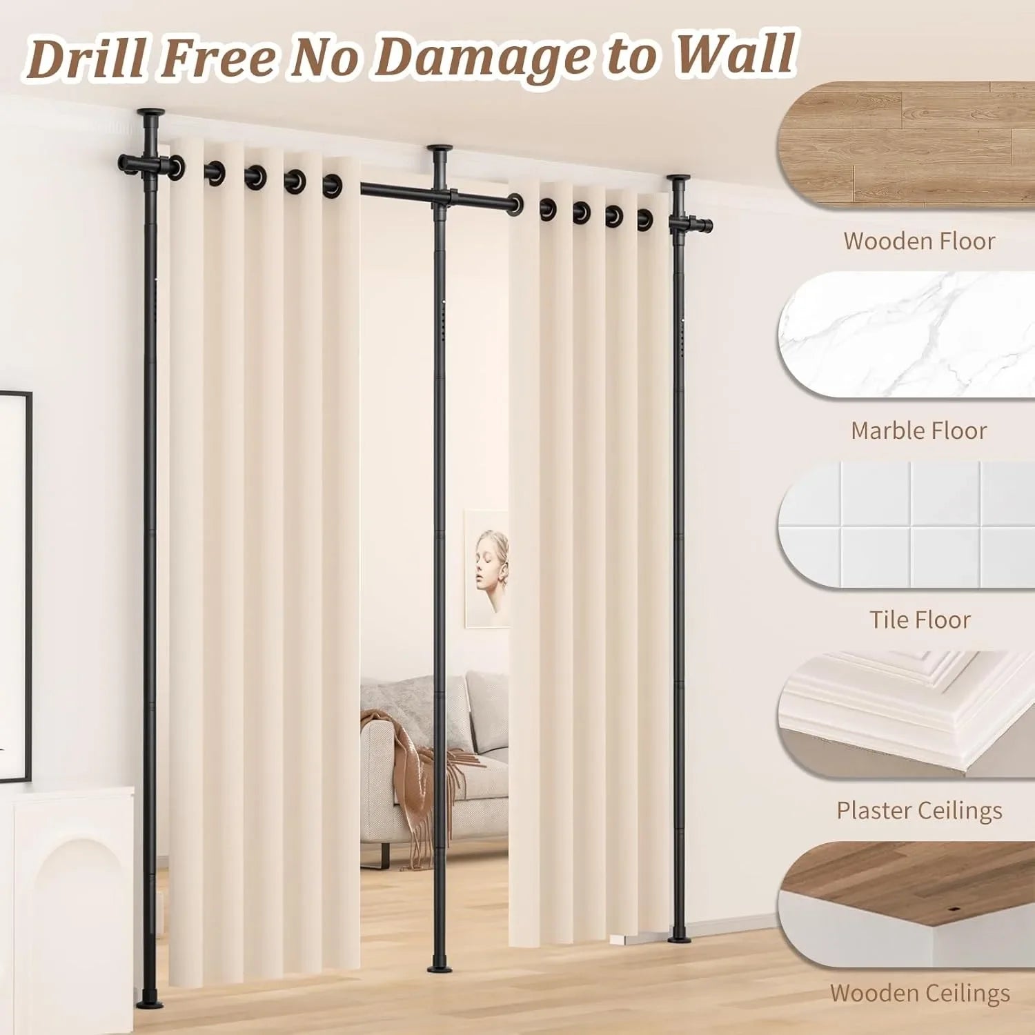 Room Divider, Height and Width Adjustable No Drilling Curtain Rod, Heavy Duty Metal Tension Wall Divider for Room Separation