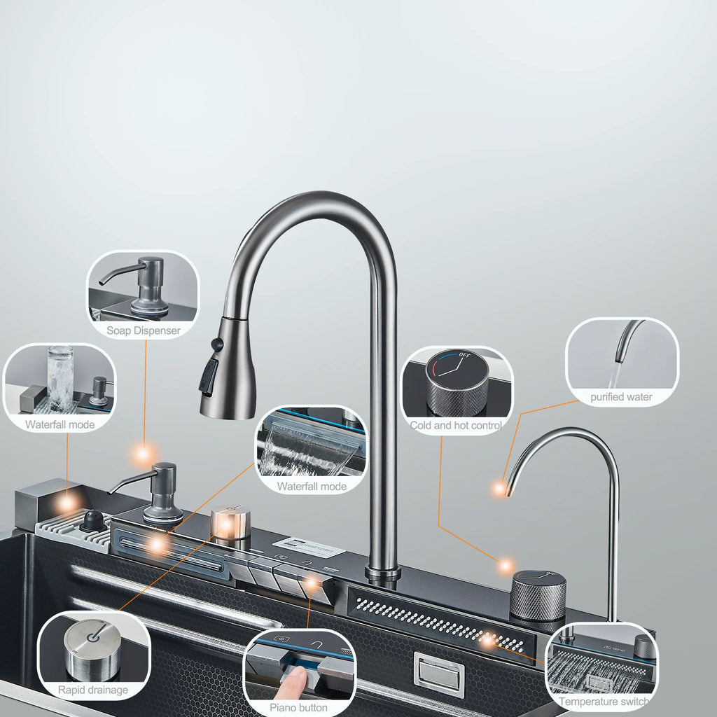 Gun Grey 304 Stainless Steel Waterfall Drainage Kitchen Sink Integrated Digital Display Faucet Set Soap Dispenser Vegetable Pool