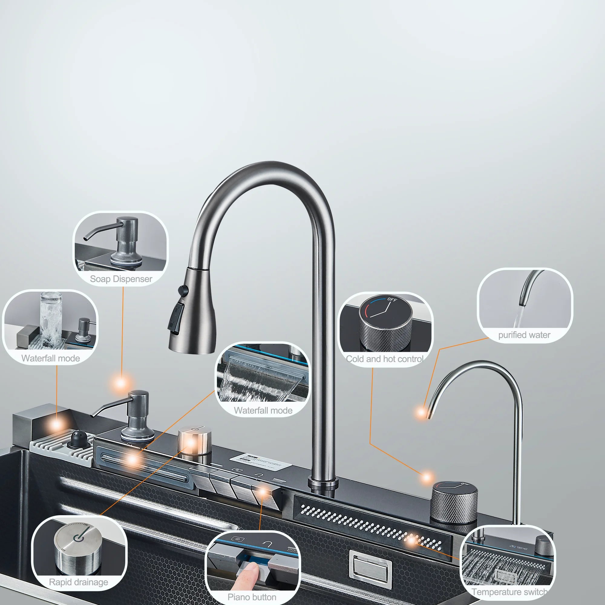 Gun Grey 304 Stainless Steel Waterfall Drainage Kitchen Sink Integrated Digital Display Faucet Set Soap Dispenser Vegetable Pool