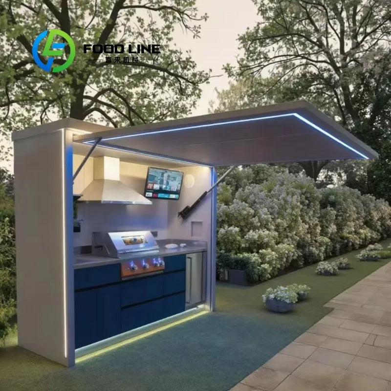 Customized One Stop Integrated Outdoor BBQ Kitchen With Refrigerator Sink Storage Cabinet Retractable Door Shelter