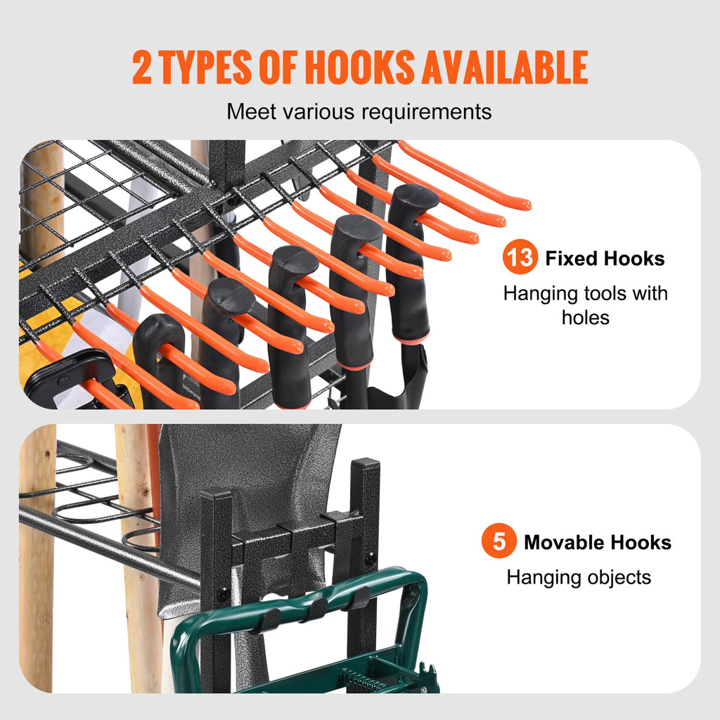 VEVOR 16 Slots Garden Tool Organizer Yard Tool Tower Rack with Hooks Wheels Long-Handled Rake Stand Holder for Garage Storage