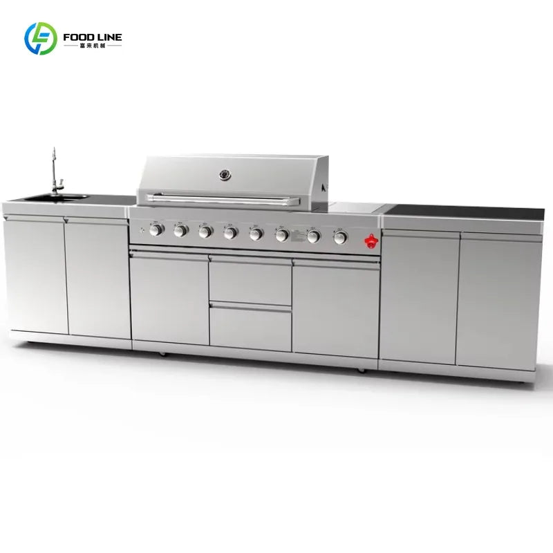 Custom Freely Combined 304 Stainless Steel Outdoor Kitchen With Built-in Refrigerator And Preparation Sink