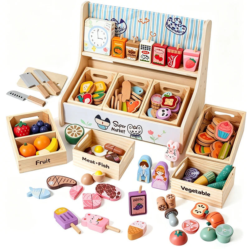 Wooden Kitchen Pretend Play Set Magnetic&Hook Loop Cutting Foods Game Fruits Vegetables Meat Dessert Educational Role Play Toys