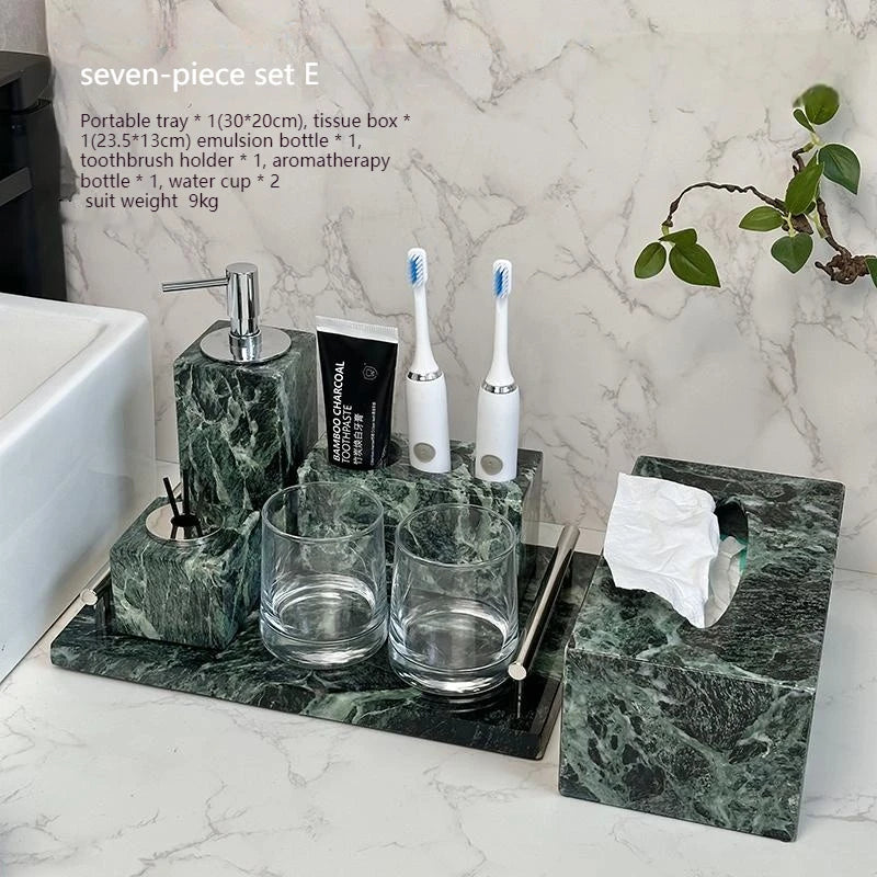 Luxury Marble Bath Set: Shampoo Bottles, Tray & Canister Organizer, Natural Stone Accessories for Home & Hotel Bathroom Decor