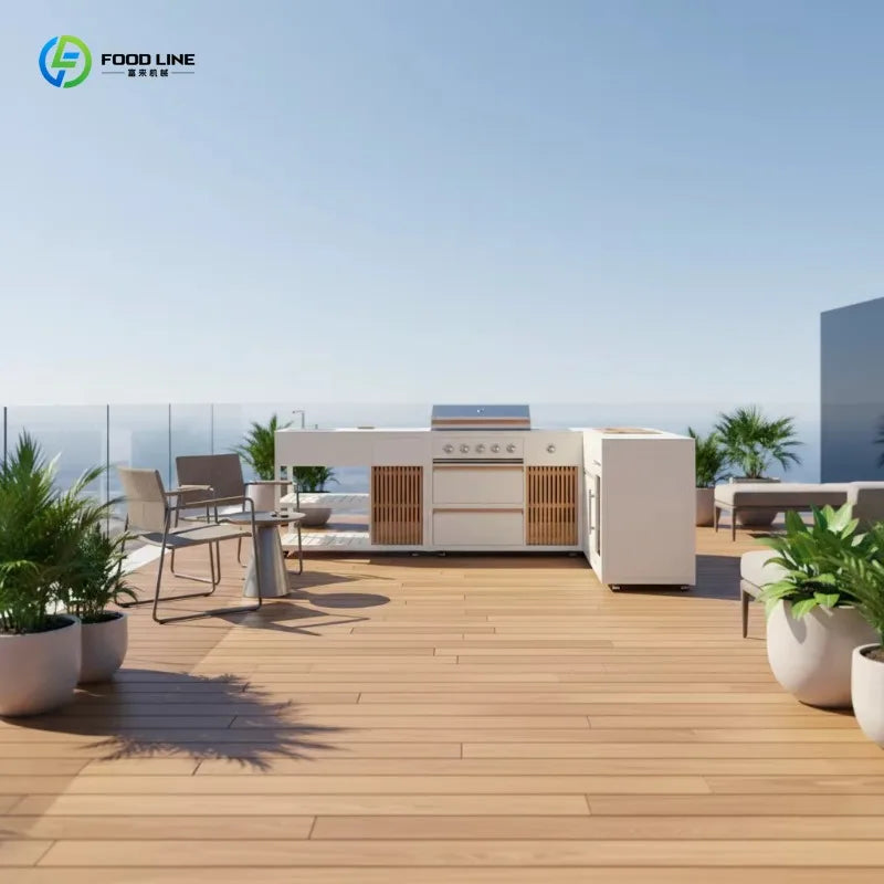 Custom Modular Outdoor Kitchen Cabinet With Large Pizza Oven, Gas Grill, Refrigerator And Sink For Garden Use