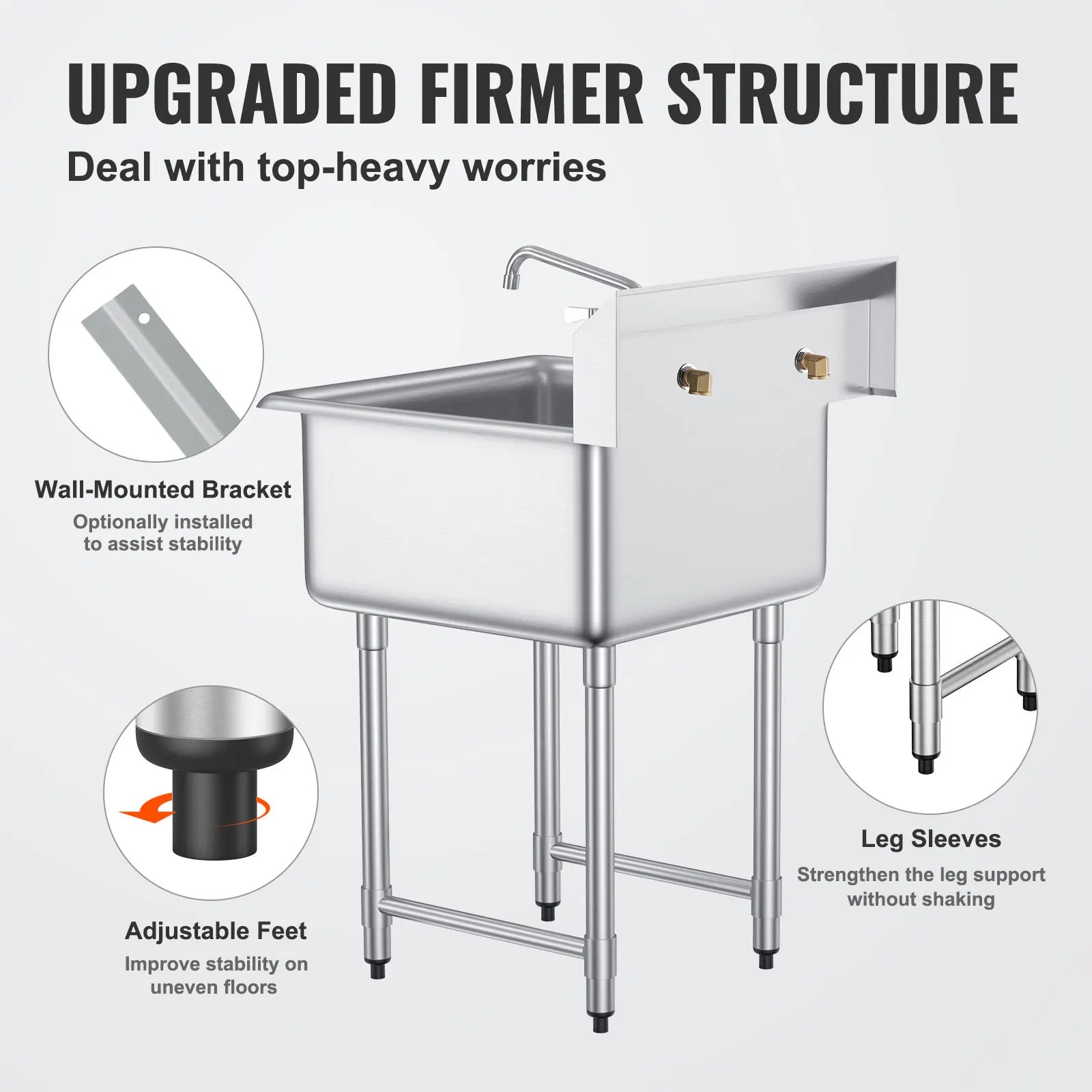 VEVOR Stainless Steel Kitchen Prep & Utility Sink 1 Compartment Restaurant Commercial Steel Sink w/Faucet for Restaurant Home
