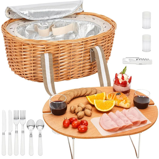 Picnic Basket for 2 with Wine Table & Cooler – Wicker Outdoor Set