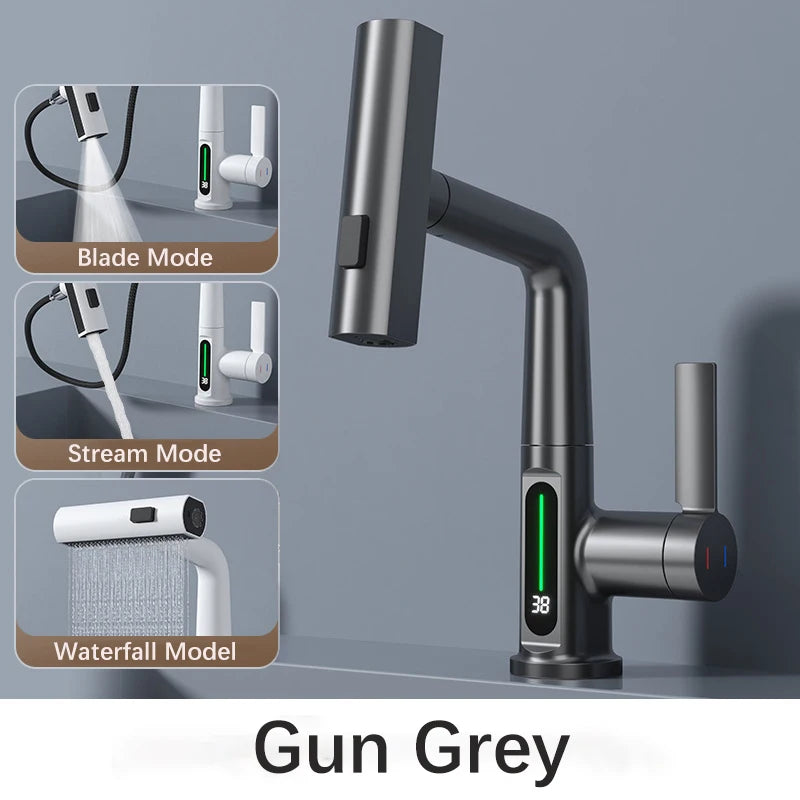 Gun Grey Intelligent Digital Display Waterfall Pull Out Kitchen Faucet Cold Hot Mixer Taps Rotatable Sink Lifting Basin Faucet