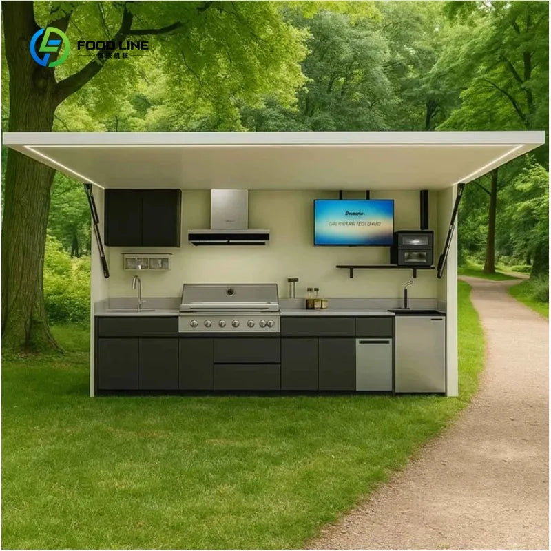 Outdoor Kitchen Capsule House Modular BBQ Kitchen with Integrated Sink Fridge and Grill for Backyard Use Customized