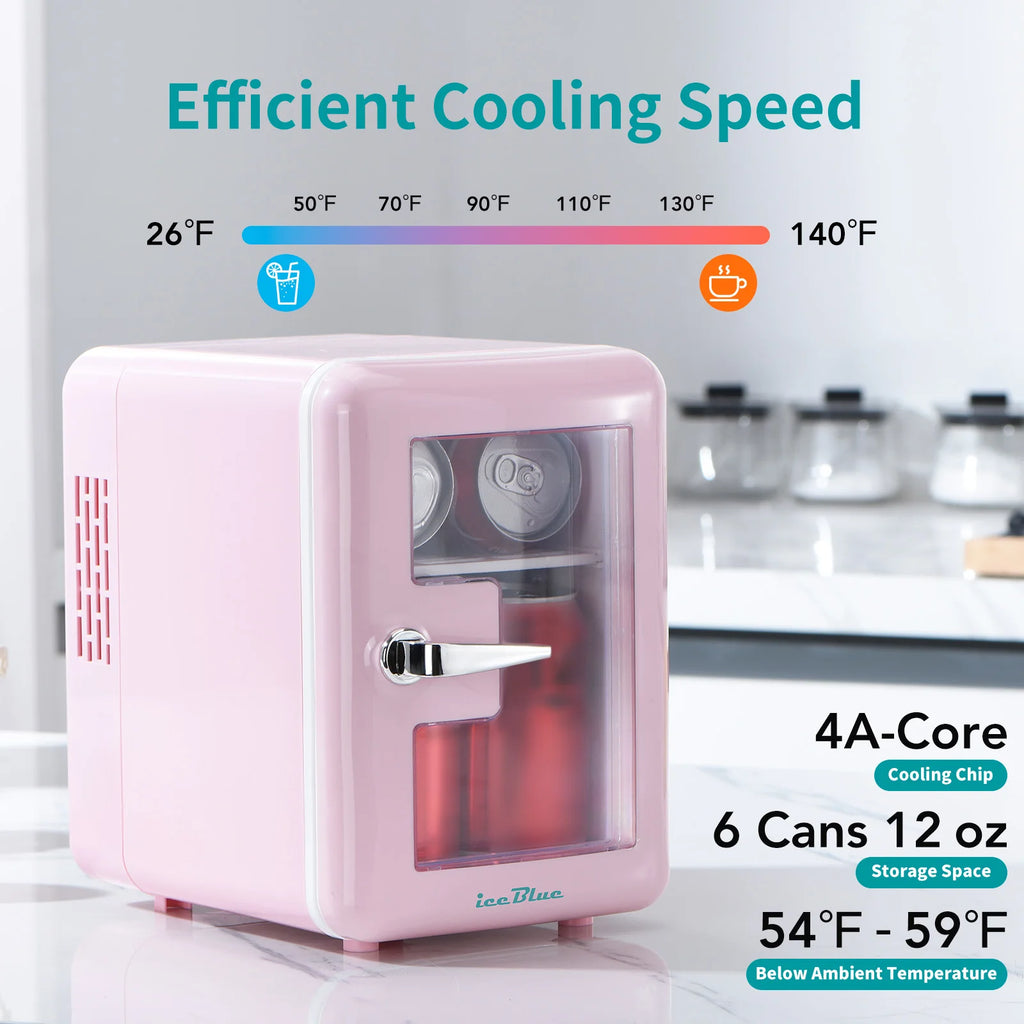 iceBlue Viewing Window Mini Fridge 4L/6Can Makeup Drink Dual-use Cooler Warmer Refrigerator for Camping Car Home Dormitory Gift