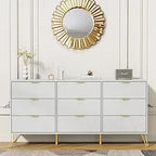 White 9 Drawer Dresser for Bedroom with Deep Drawers, Wood Dressers & Chest of Drawers with Gold Handles, Modern Long Dressers
