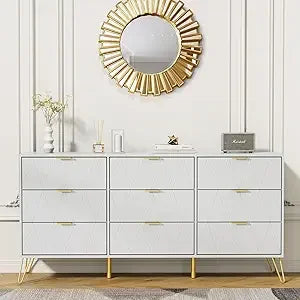White 9 Drawer Dresser for Bedroom with Deep Drawers, Wood Dressers & Chest of Drawers with Gold Handles, Modern Long Dressers