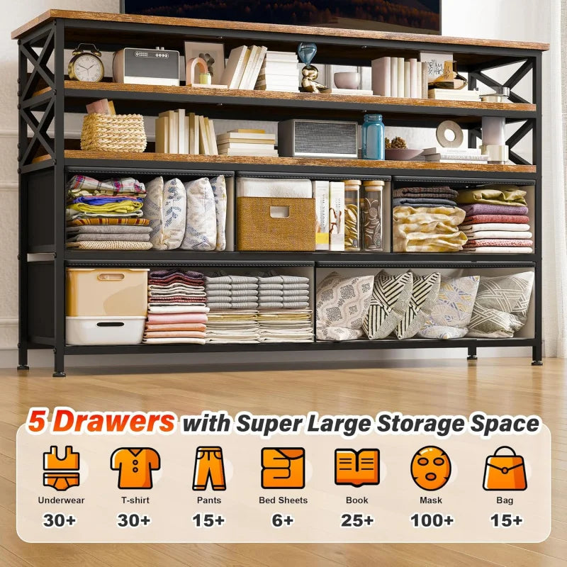 TV Stand 50" TV, Sturdy Dresser for Bedroom with 5 Fabric and Wood Open Shelves, Dressers & Chest of Drawers