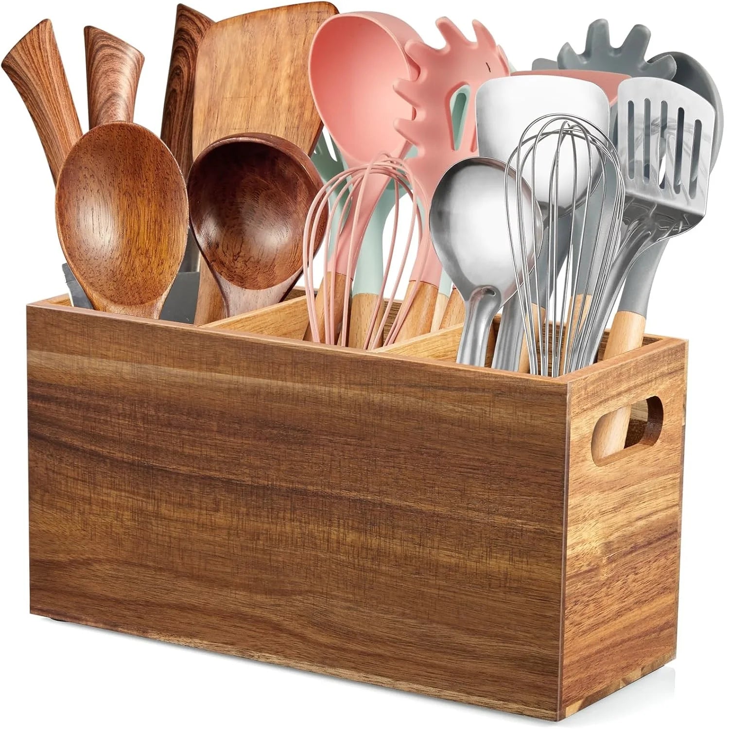 Wooden Silverware Holder Kitchen Utensil Caddy with 3 Compartments Cutlery Storage Organizer For Spoon Fork Holder Countertop