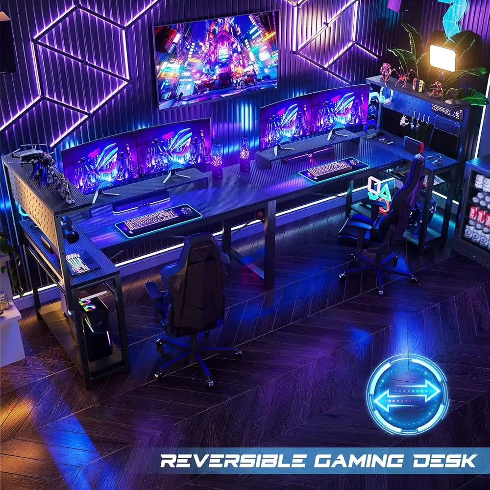 Small Gaming Desk With Power Outlets Pegboard Led Light, 51 H L Shaped Computer Desk With Monitor Stand Storage Shelves,