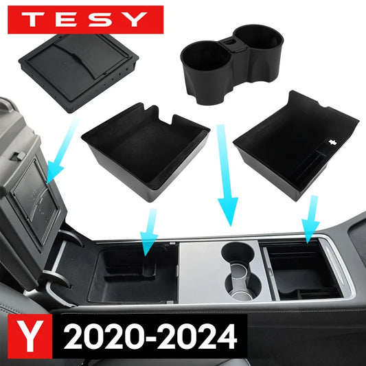 For Tesla Model Y 2020-2024 Hidden Storage Box Car Center Console Armrest Front and Rear Flocking Layer Container Slide