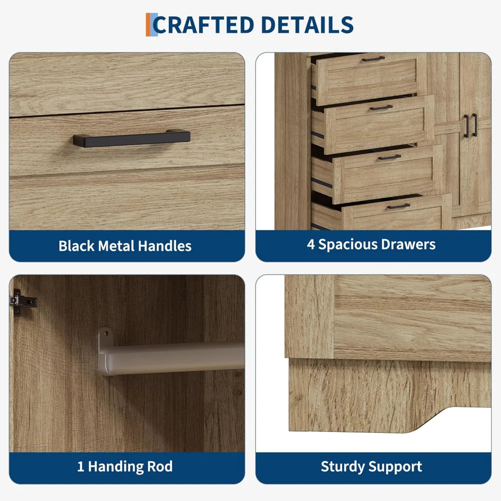 Multifunctional Wooden Dresser for Bedroom, 43.3'' H 2 Door Wardrobe Armoire Closet with 4 Drawers and Hanging Rod
