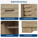 Multifunctional Wooden Dresser for Bedroom, 43.3'' H 2 Door Wardrobe Armoire Closet with 4 Drawers and Hanging Rod