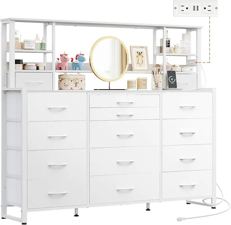 Bedroom 15 & Adjustable Shelves, Tall Dresser with Charging Station, Chest of Drawers for Closet