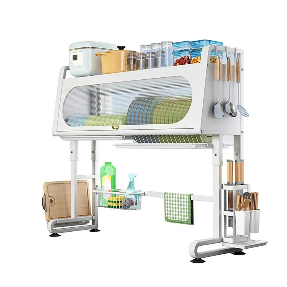 Over Sink Dish Rack Adjustable Height Sink Rack with Tableware Holder Hooks Chopping Board Holder Kitchen Storage for Drying