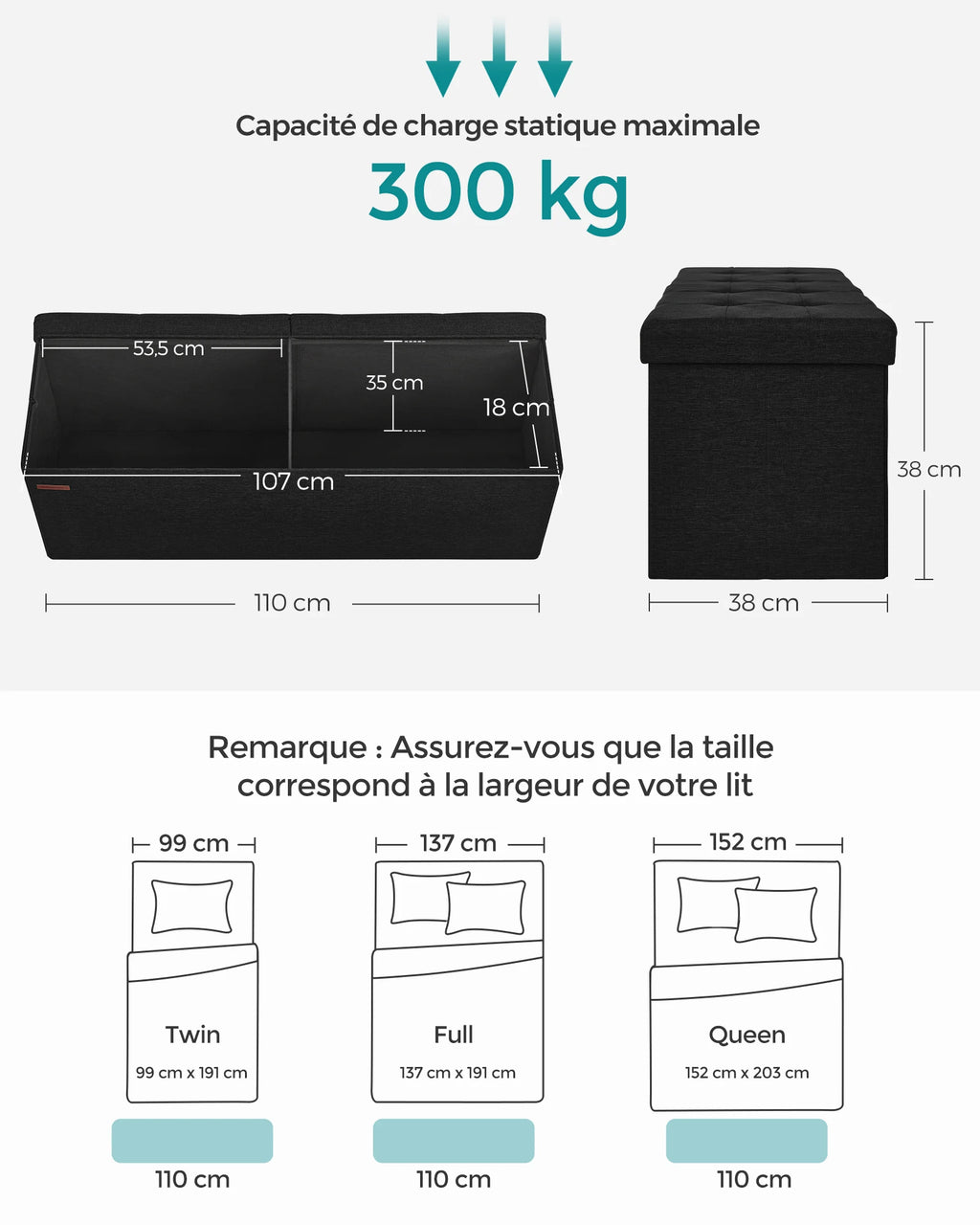 SONGMICS Storage Bench, Foldable Pouffe, 38 x 110 x 38 cm, End of Bed, Footrest, Storage Box, Load up to 300 kg, for Living Room