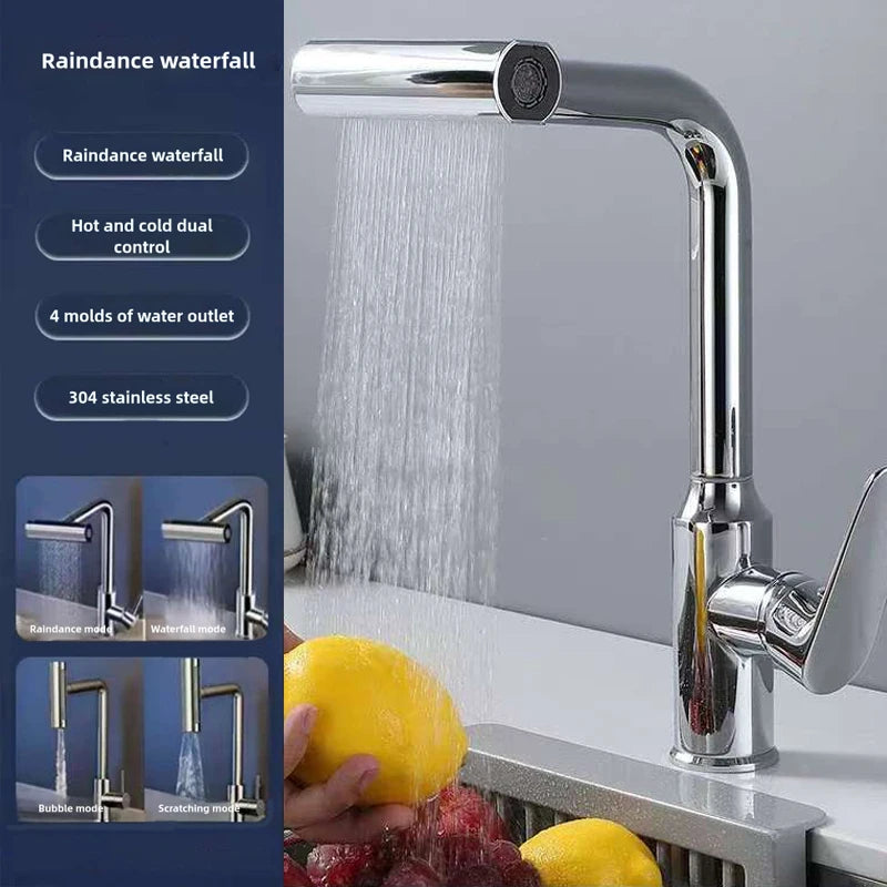 304 Stainless Steel Kitchen Faucet 4 Mode Kitchen Faucet 360°Rotating Waterfall Flow Spray Head Hot And Cold Water Faucet