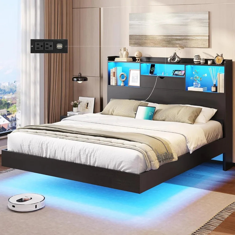 Floating Bed Frame with LED Lights and Headboard Storage, Visual Floating Bed with Charing Station,Queen Size Metal Platform Bed