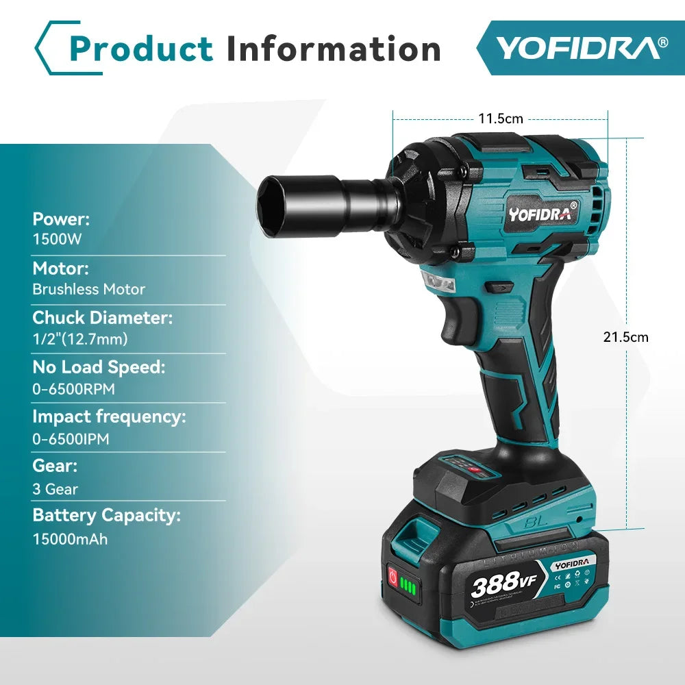 YOFIDRA 1000N.m Brushless Electric Impact Wrench 1/2" Cordless Rechargeable Socket Screwdriver Power Tool For Makita Battery Pin