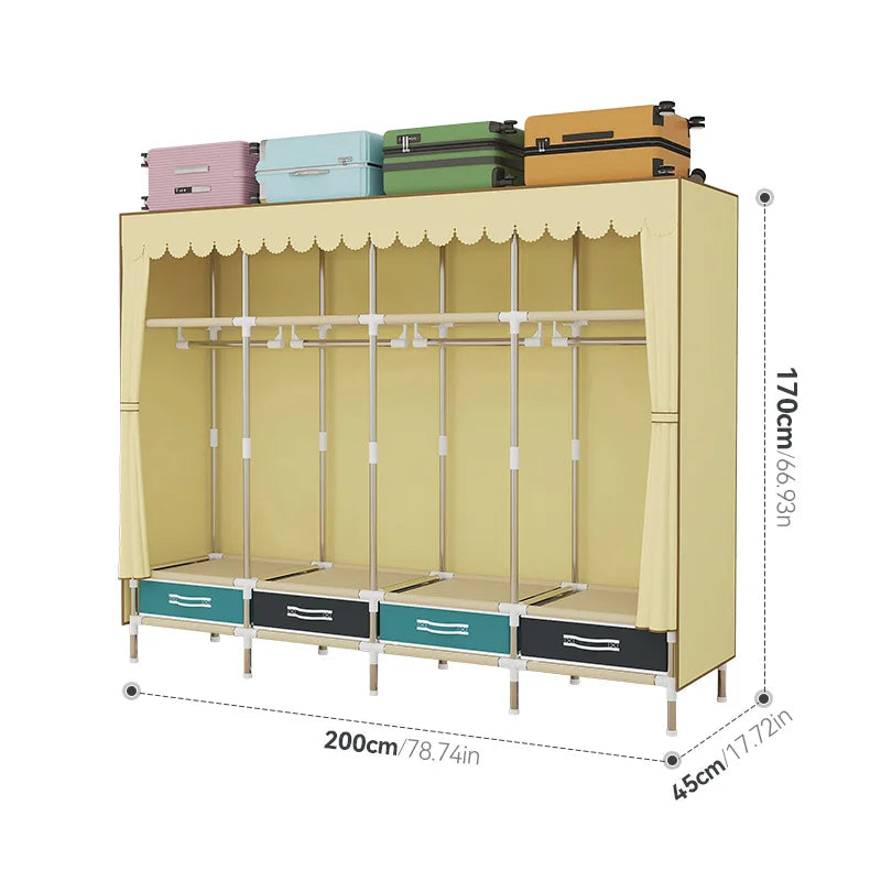 1 Piece of Simple and Modern Wardrobe, with Solid Color Curtain Door Curtain, Slide Rail, Assembly Rental, Economical, Sturdy, Durable, All-Steel Frame, Multi-Interface Fixed Home Storage Wardrobe, Suitable for Bedroom