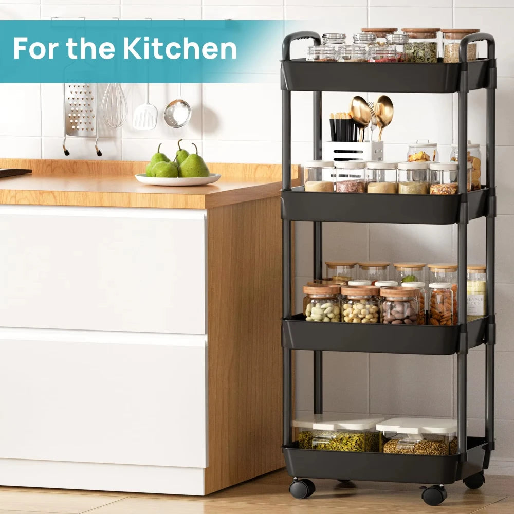 Bathroom Cart with Wheels Kitchen Small Storage 3-4 Tier Rack Rolling Trolleys Organizer Shelf for Office, Living Room, Kitchen