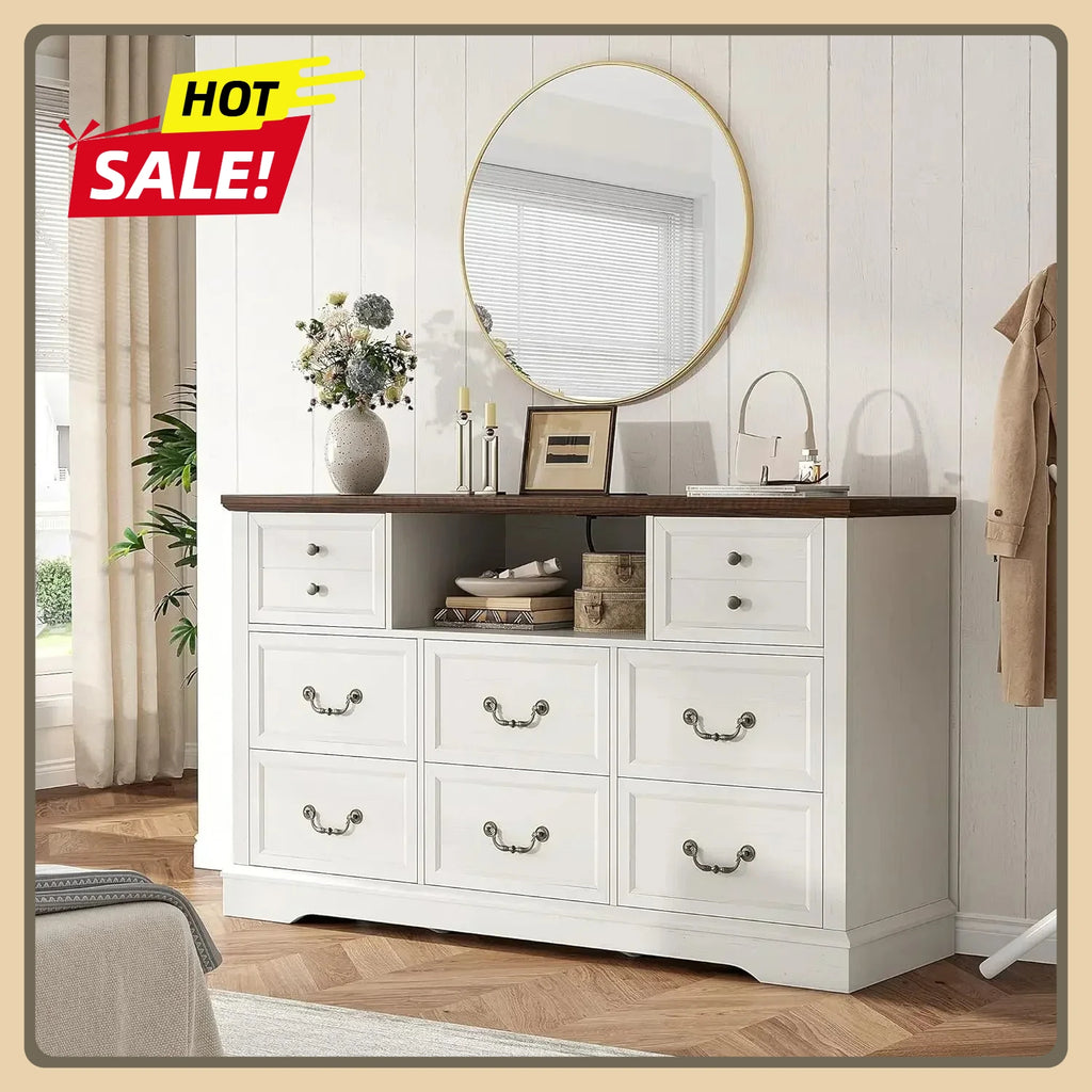 55 Inch 8 Drawers Dresser, Wide Rustic Wood Dressers & Chest of Drawers for Bedroom, Hallway with Power Outlets and LED Lights