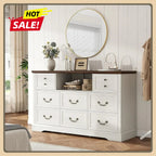 55 Inch 8 Drawers Dresser, Wide Rustic Wood Dressers & Chest of Drawers for Bedroom, Hallway with Power Outlets and LED Lights