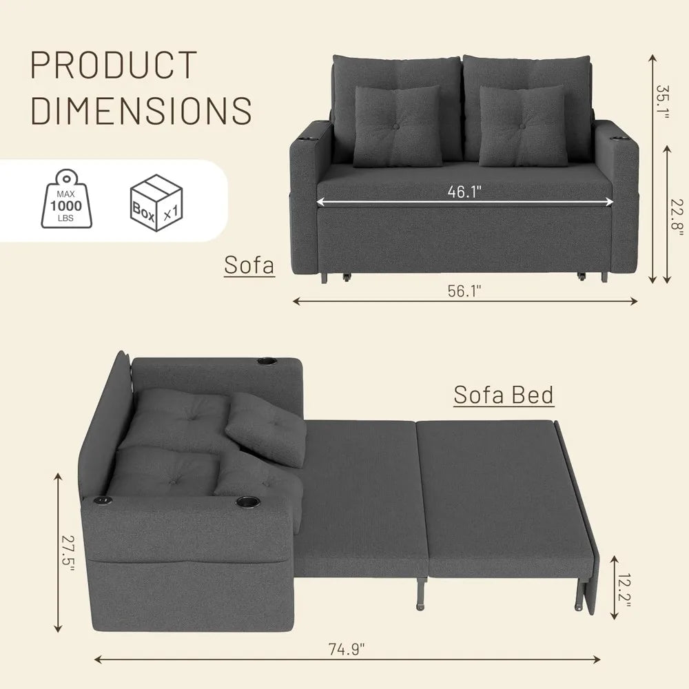 3-in-1 56" Convertible Sofa Bed: Loveseat Sleeper with Cup Holders, USB – Living Room, Bedroom, Apartment