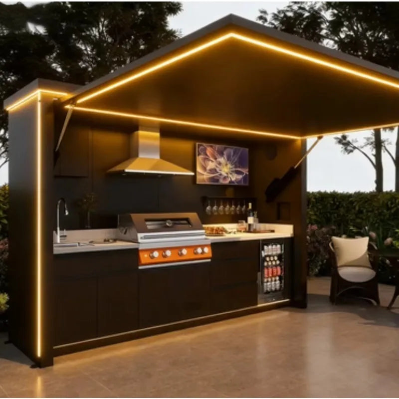 Custom Modular Outdoor Kitchen Station BBQ Island Set with Storage Shelves & Hooks Heavy Duty Metal Frame  Patio Cooking Area