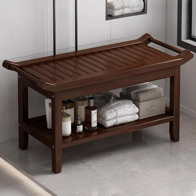 Anti-Slip Bamboo Shower Stool Waterproof Bathroom Bath Bench for Foot Washing or Entryway Shoe Changing Seat
