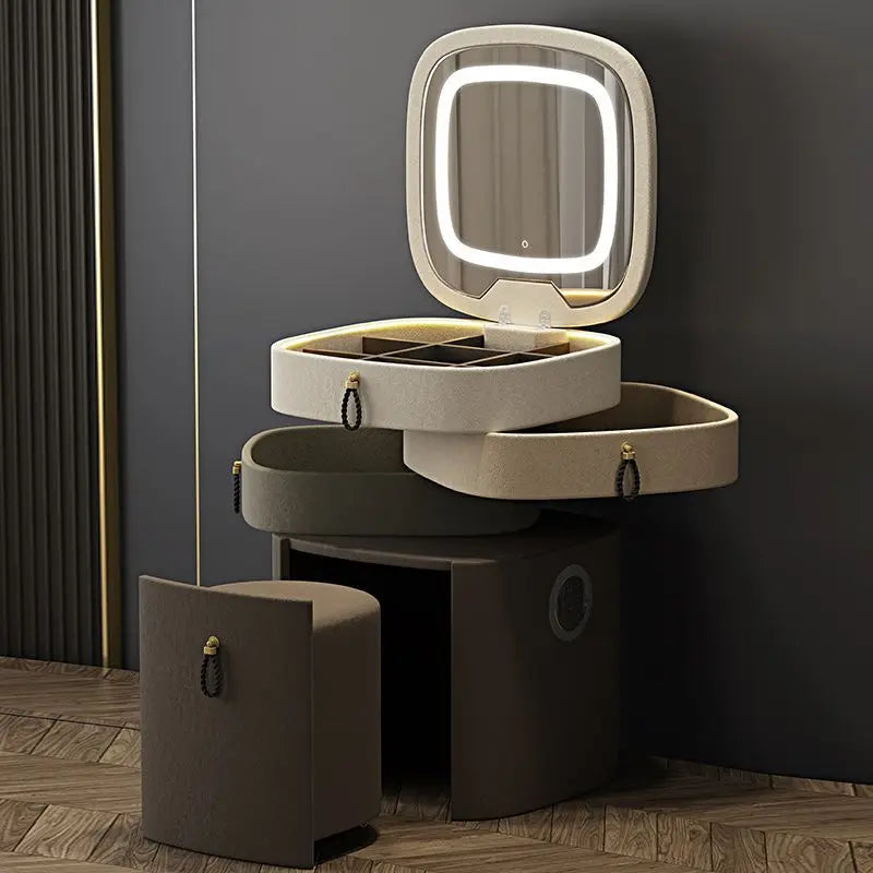 Rotary Makeup Vanities Luxury Storage Dressing Table Bedroom Organizer Makeup Vanity Illuminated Drawer Dresser with Light
