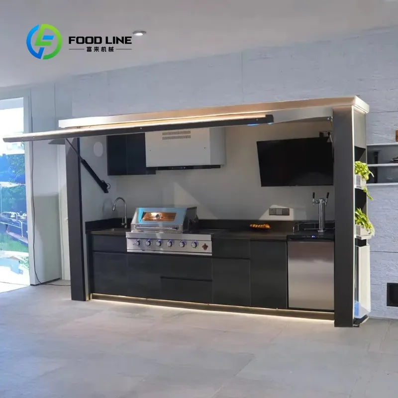 Customized Modern Outdoor Kitchen Cabinet Electric Door Shed For Luxury High End Homes Courtyard Outdoor Cooking Area