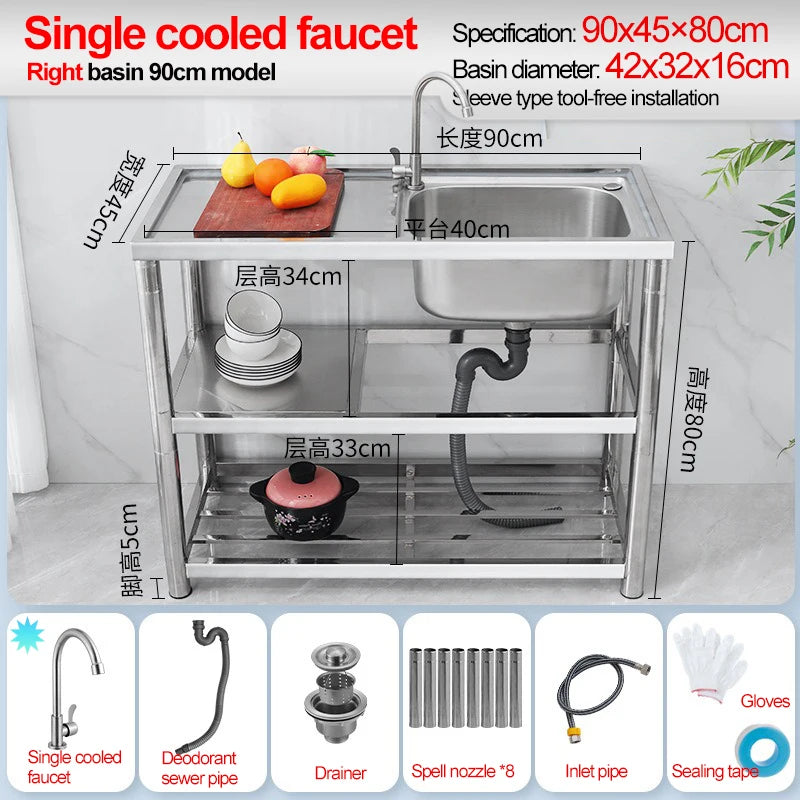 Stainless Steel Sink Kitchen Household Thickened Single Trough with Bracket Wash Basin Sink with Platform Easy Landing