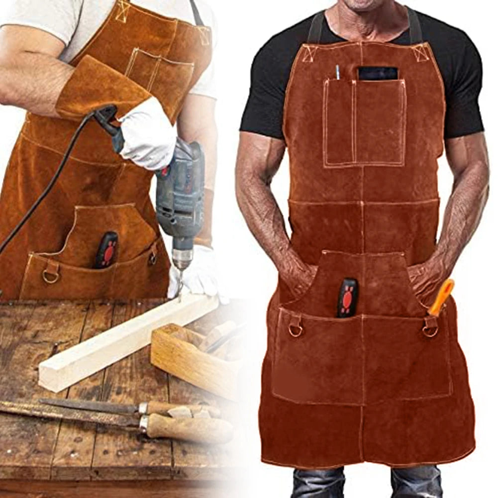 Cowhide Welding Apron Heavy Duty Apron Industrial Use Maximum Protection Tool Storage 6 Large Pockets Chest To Knees Coverage