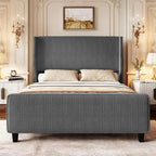 King Size Upholstered Bed Frame with USB Charging Ports - Tall Wingback Headboard & Footboard, Easy Assembly Design