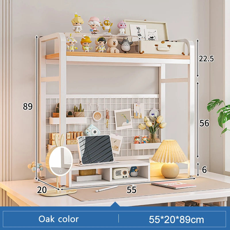 Bookshelf Bookcase With Grid Desktop Multi-layer Wrought Iron Shelf Student Computer Desk Table Hole Board Table Wooden Shelves