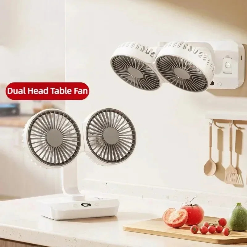 Multi Function Double Head Shaking Fan with 4 Gears Adjustable Speed HD Digital Display Night Lights Portable Cooling Fan