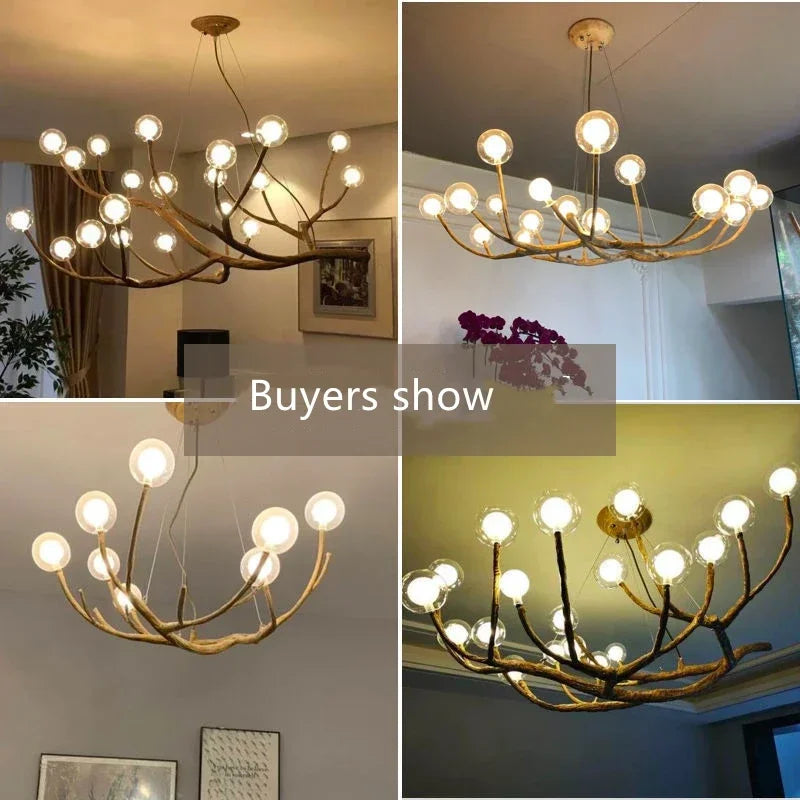 Resin Tree Branch Glass Bubble LED Pendant Chandelier for Retro Home Decor