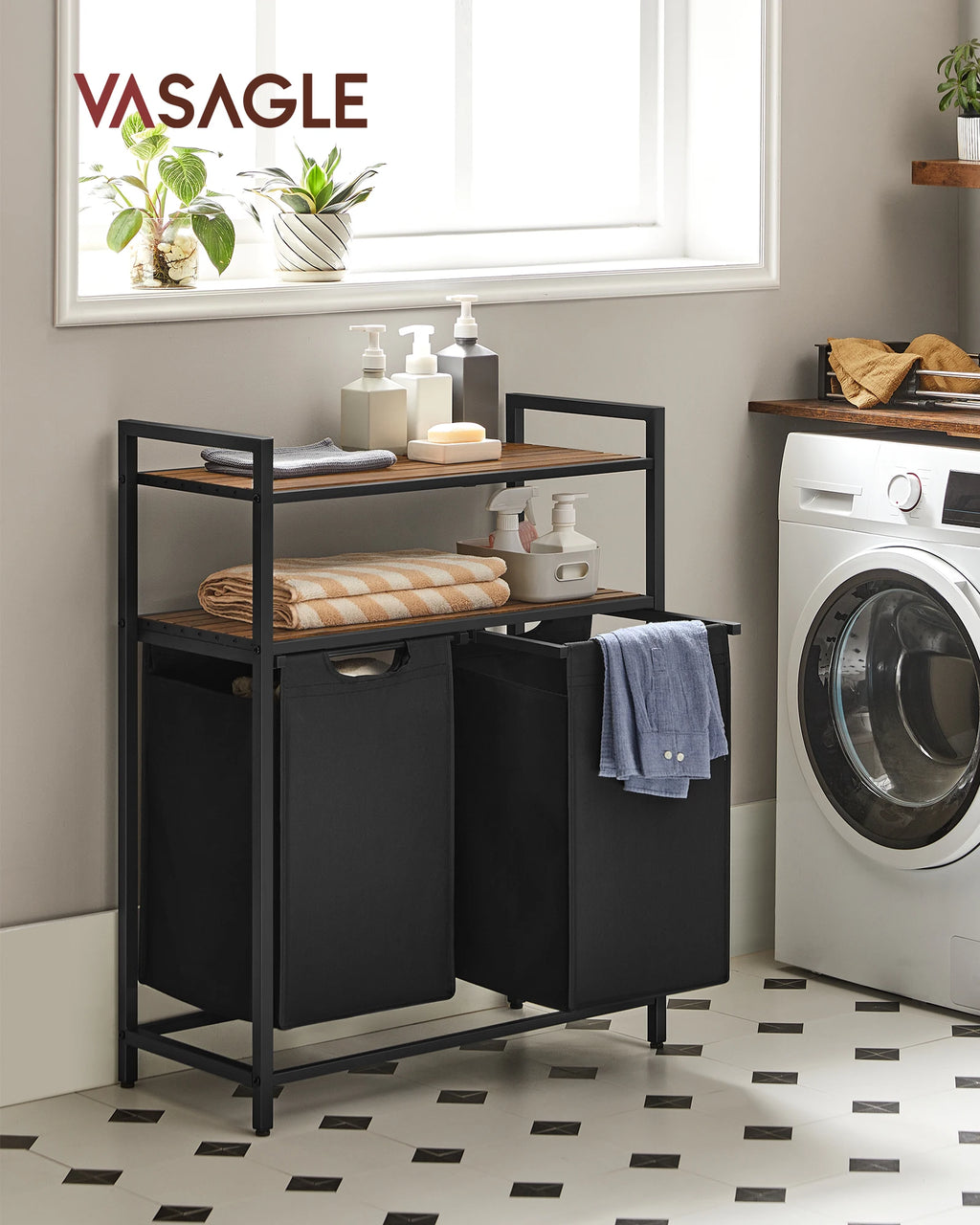 VASAGLE Laundry Basket, Laundry Hamper, Laundry Sorter with 2 Pull-Out and Removable Bags, 2 Shelves, 46L Capacity per Bag
