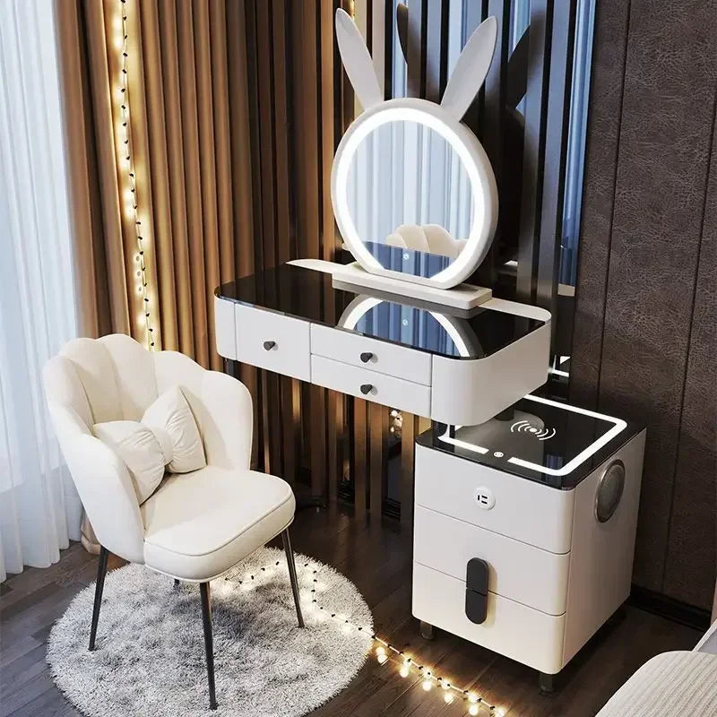 Modern Dressing Table with Smart Wireless Charging Luxury Bedroom Multifunctional Makeup Table with Chair Sound Cloud Led Mirror