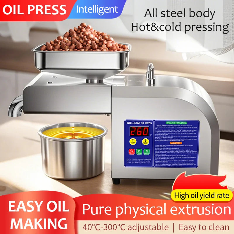 Electric Oil Press Machine, Cold/Hot Press for Coconut/Olive/Peanut, Automatic Stainless Steel Home Use Energy Saving Low Noise