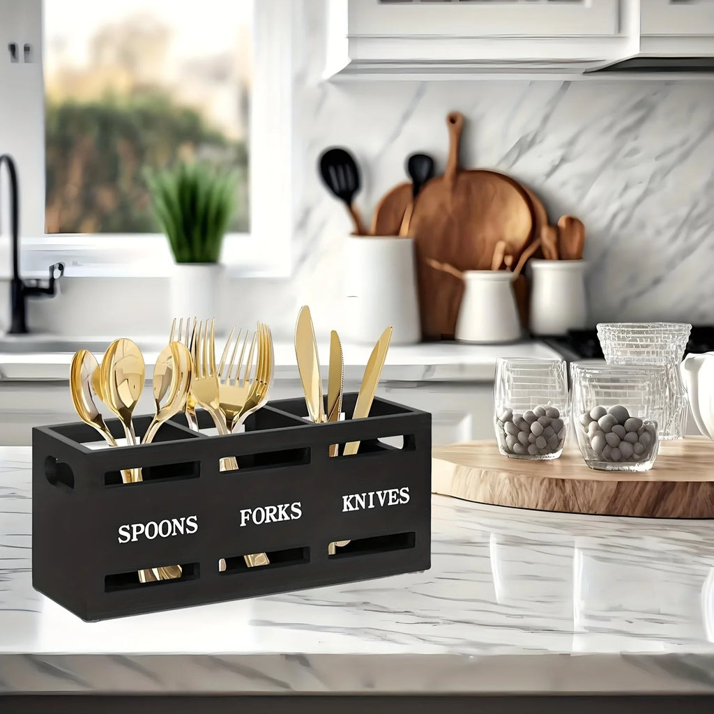 Wooden Silverware Utensil Holder with 3 Compartments, Kitchen Countertop Cutlery Organizer, Each Kitchen Chopstick and Spoon Org