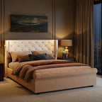 Double bed, 140x190 cm, equipped with LED strip and USB port, with a hydraulic storage chest, velvet fabric