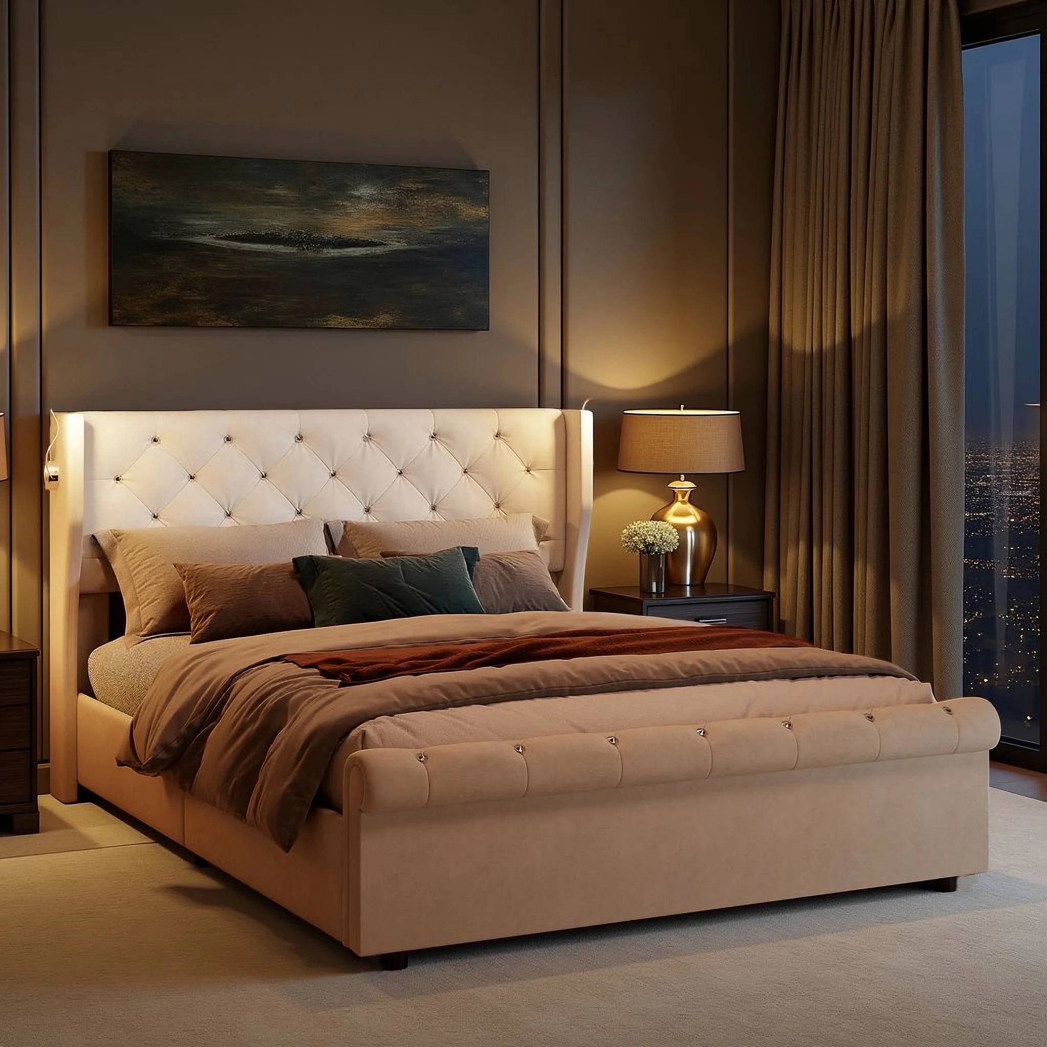 Double bed, 140x190 cm, equipped with LED strip and USB port, with a hydraulic storage chest, velvet fabric